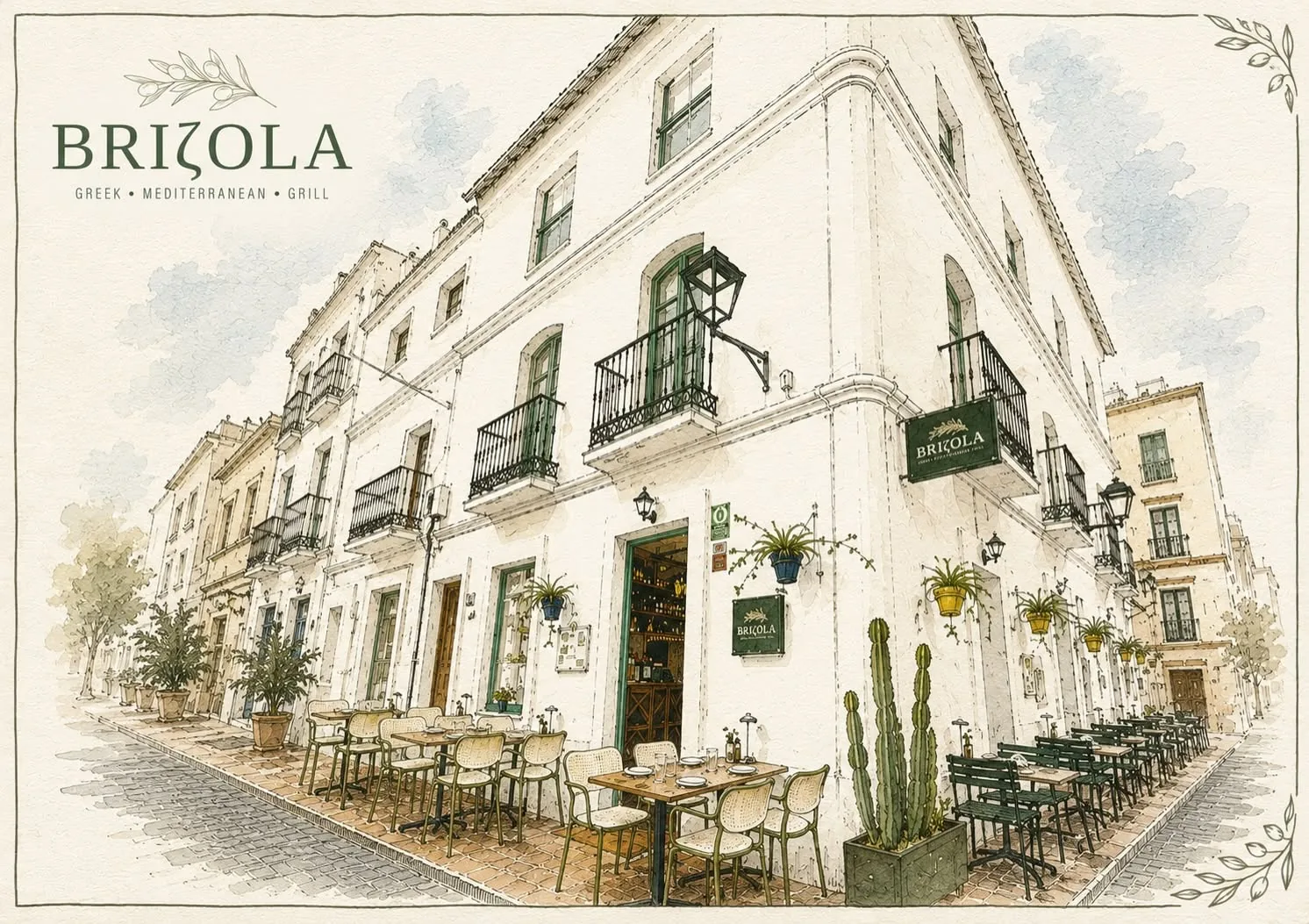 Watercolour illustration of the Brizola corner building on Calle Caridad, Estepona