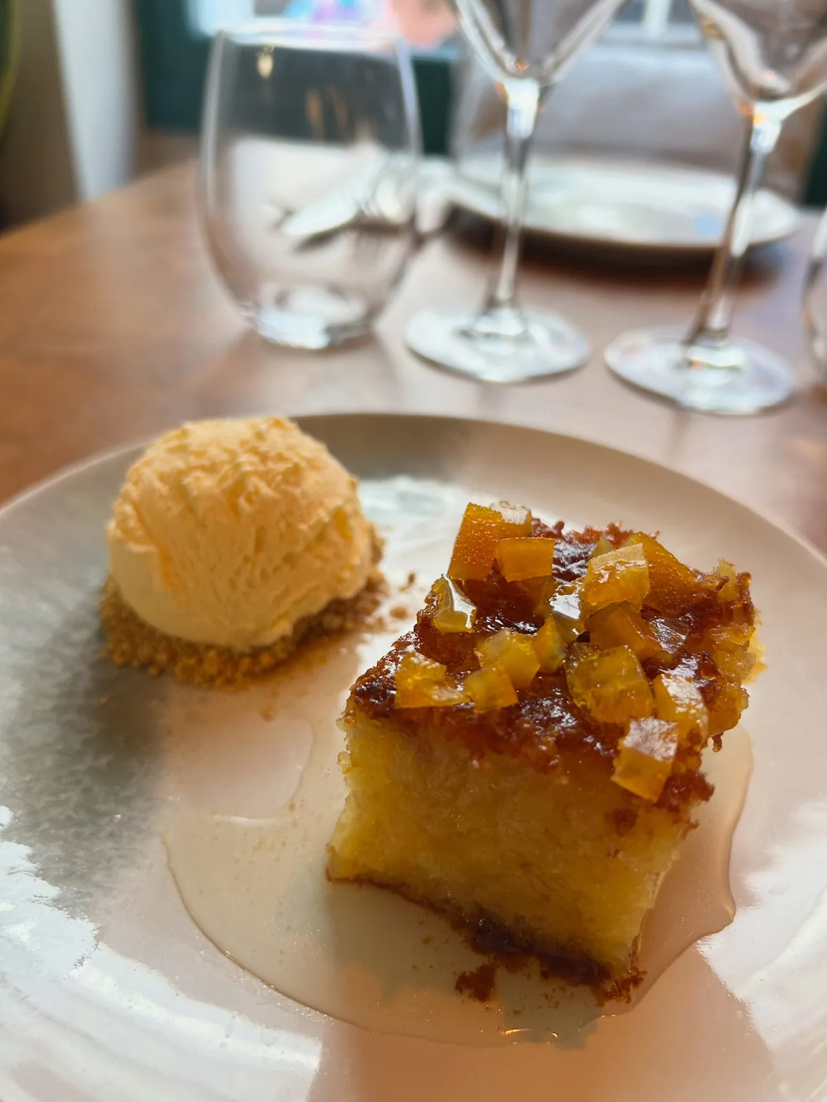 Portokalopita — Greek orange filo cake with candied orange and a scoop of ice cream